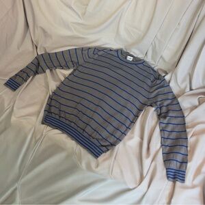 Armani Collezioni Grey & Blue Striped Merino Wool Knit Sweater — Ribbed Hem